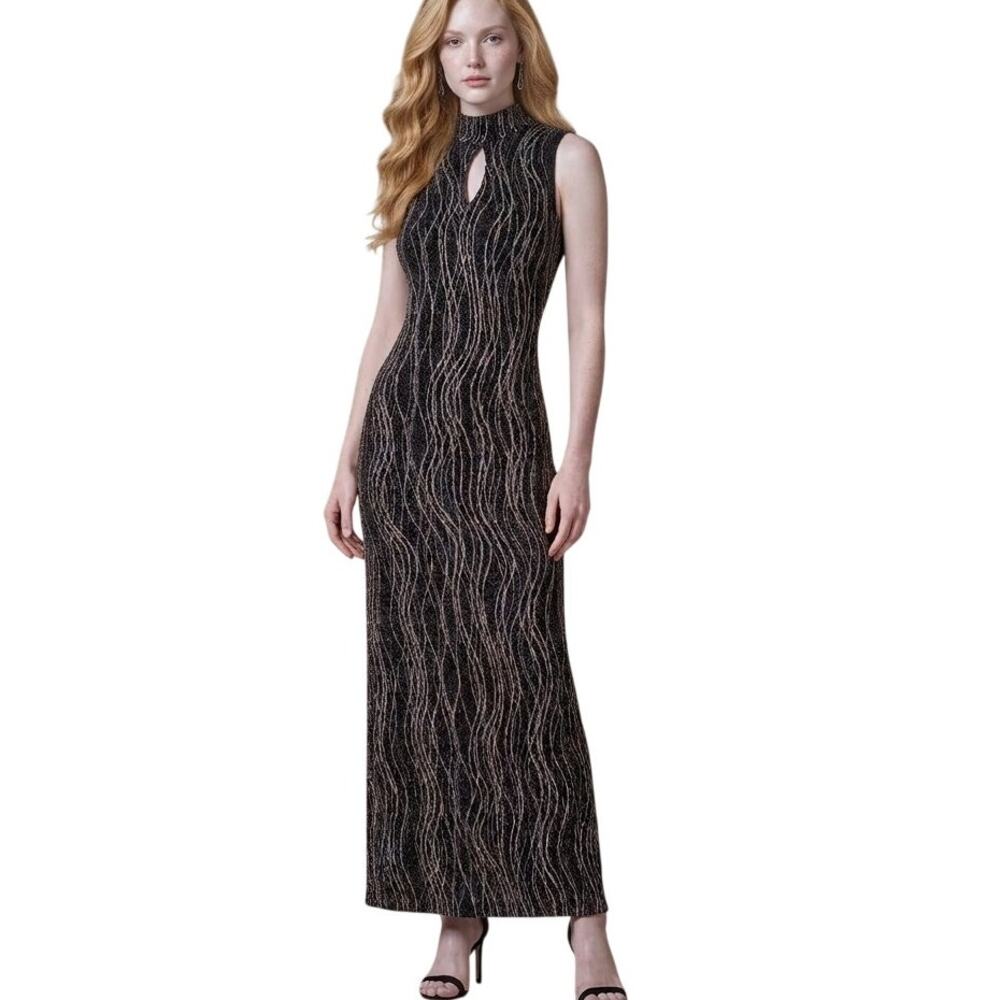 VTG 90s RONNI NICOLE Metallic Glitter Formal Maxi Dress Black & Gold SZ 6P